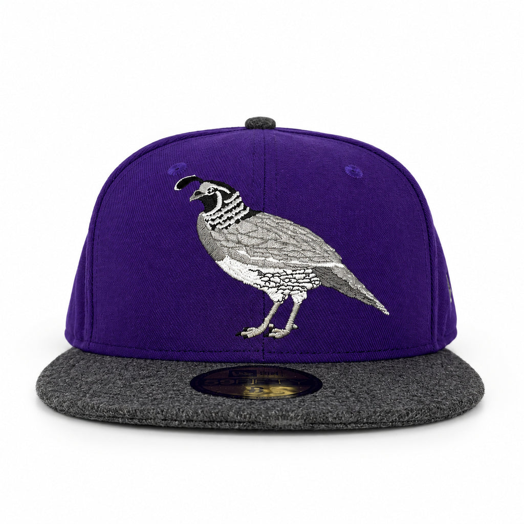 Purple California Quail New Era 59FIFTY fitted hat, front view