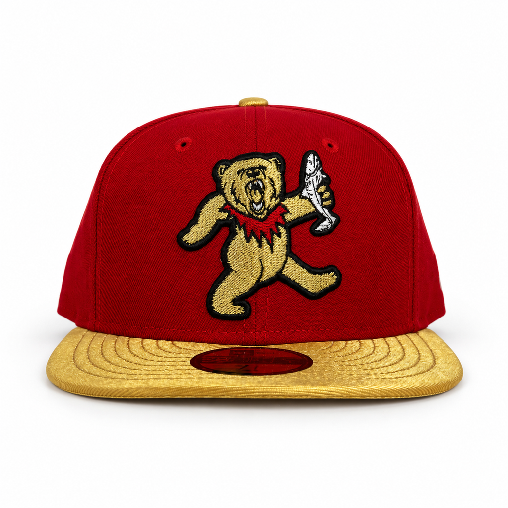 City Myths red and gold Dancing Bear fitted hat, front view