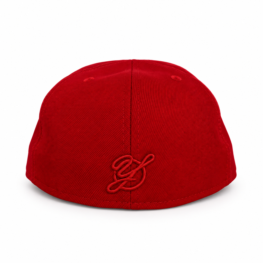 City Myths red and gold Dancing Bear fitted hat, rear view