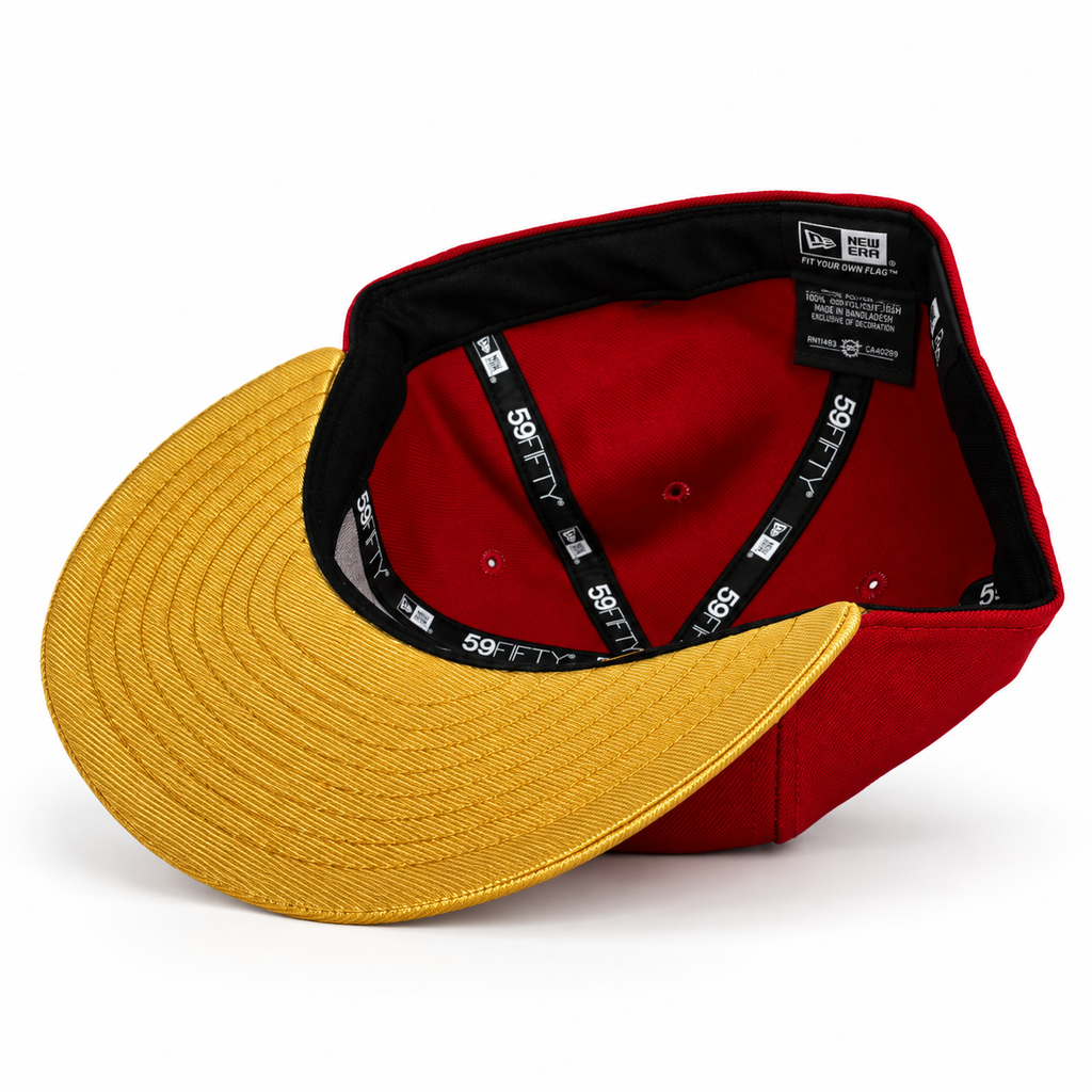 City Myths red and gold Dancing Bear fitted hat, interior and gold underbrim view