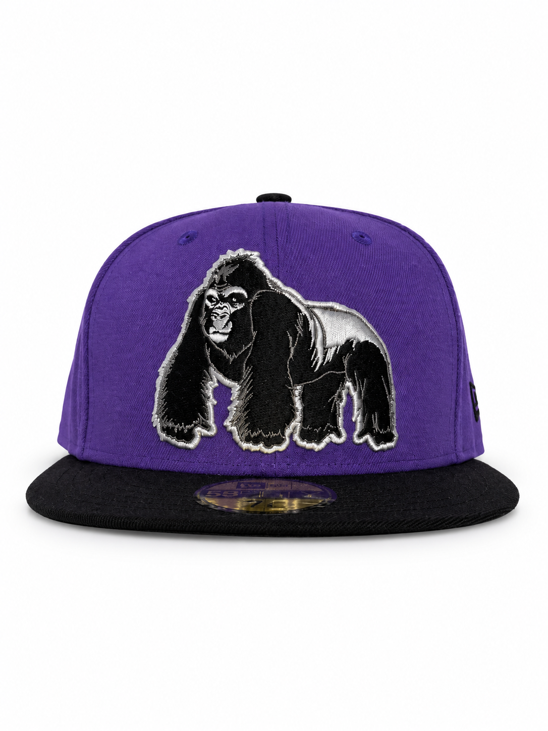 Purple Silverback fitted hat, front gorilla embroidery