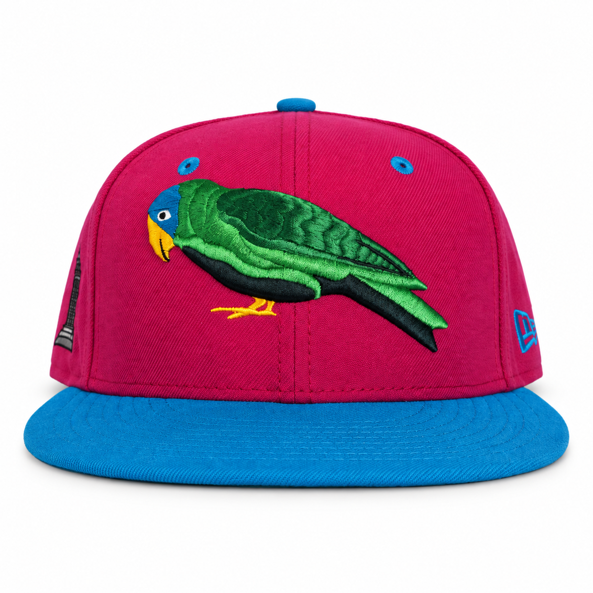 Telegraph Hill Parrot pink and blue fitted hat, front view