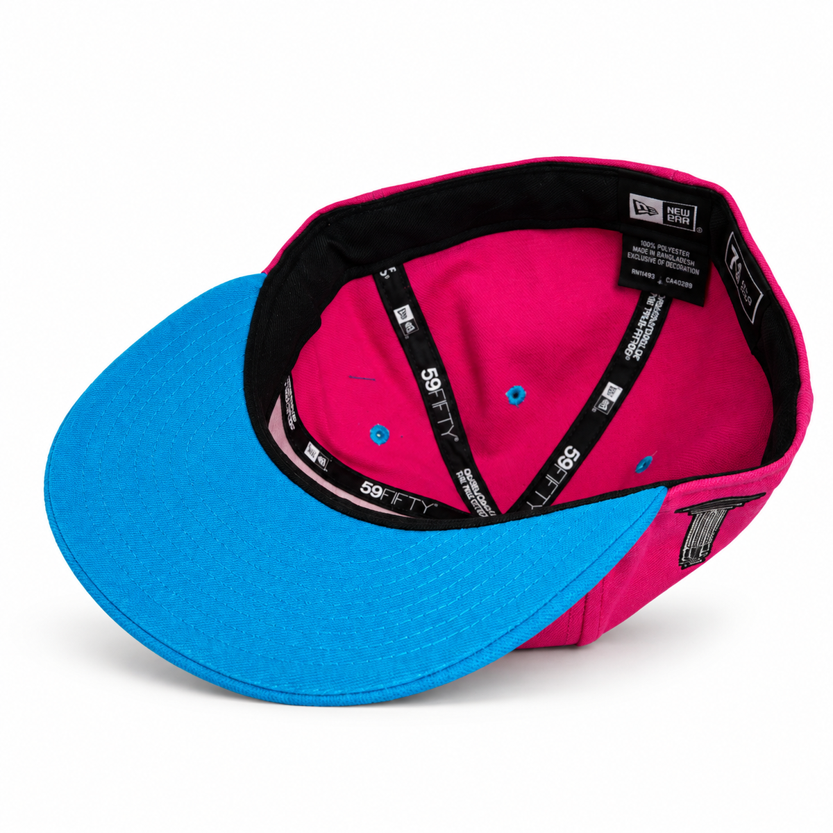 Telegraph Hill Parrot pink and blue fitted hat, interior view
