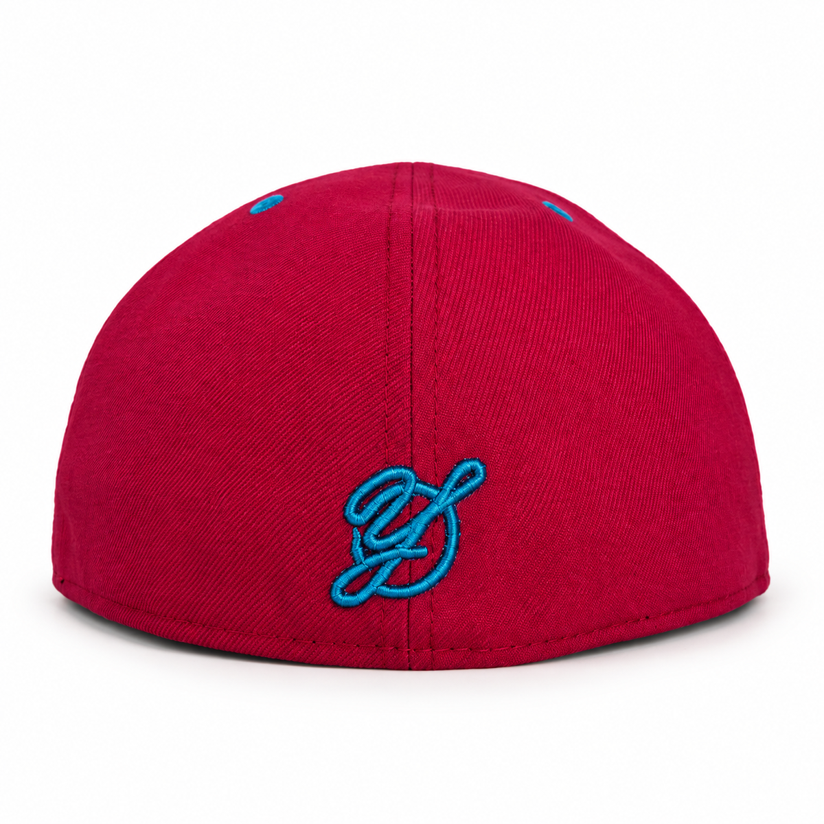 Telegraph Hill Parrot pink and blue fitted hat, rear Yofi embroidery