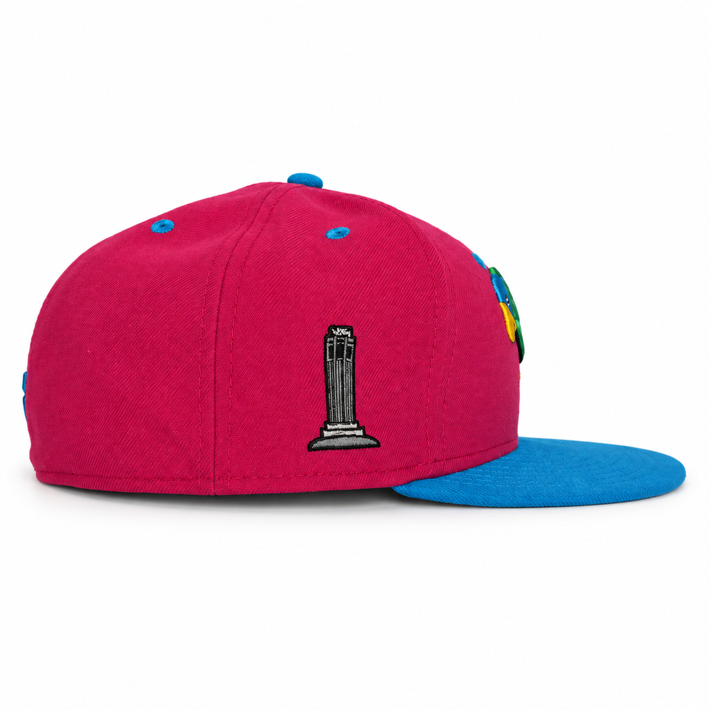 Telegraph Hill Parrot pink and blue fitted hat, side view