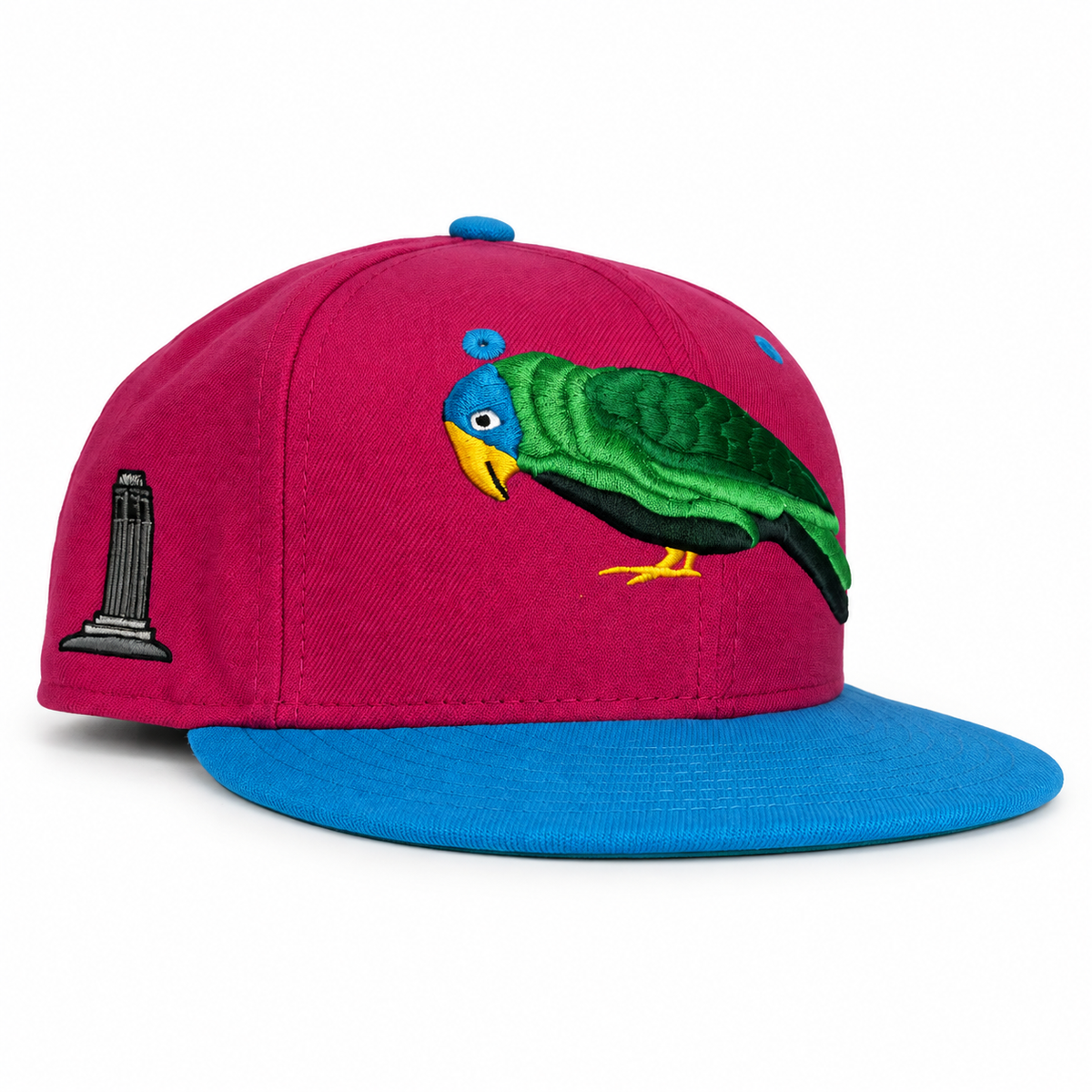 Telegraph Hill Parrot pink and blue fitted hat, three-quarter view