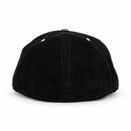 Black corduroy fitted Yofi hat with white embroidery, back view