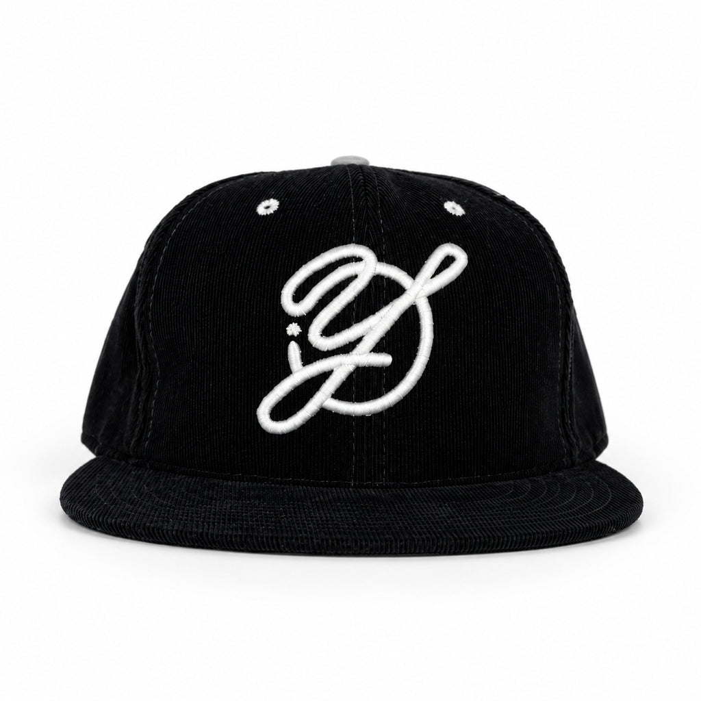 Black corduroy fitted Yofi hat with white embroidery, front view