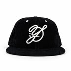 Black corduroy fitted Yofi hat with white embroidery, front view