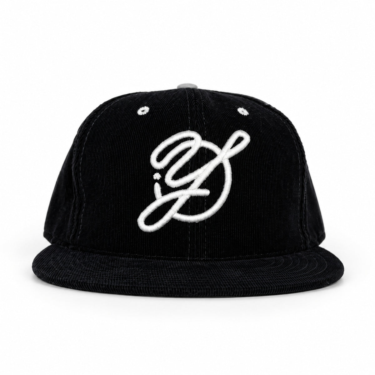 Black corduroy fitted Yofi hat with white embroidery, front view