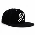 Black corduroy fitted Yofi hat with white embroidery, three quarter view