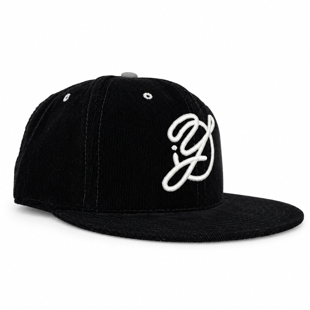 Black corduroy fitted Yofi hat with white embroidery, three quarter view