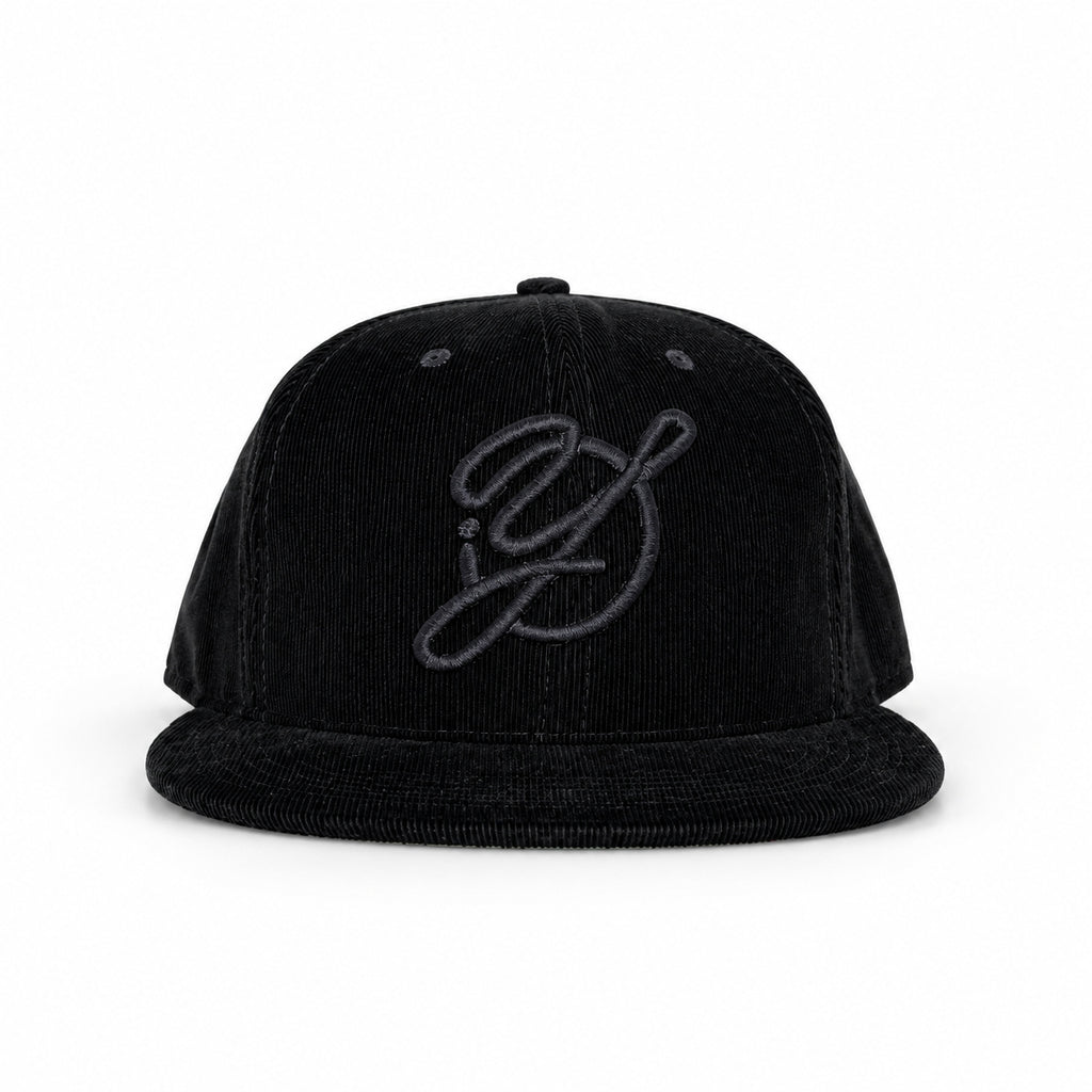 Black-on-black corduroy Yofi fitted hat, front view