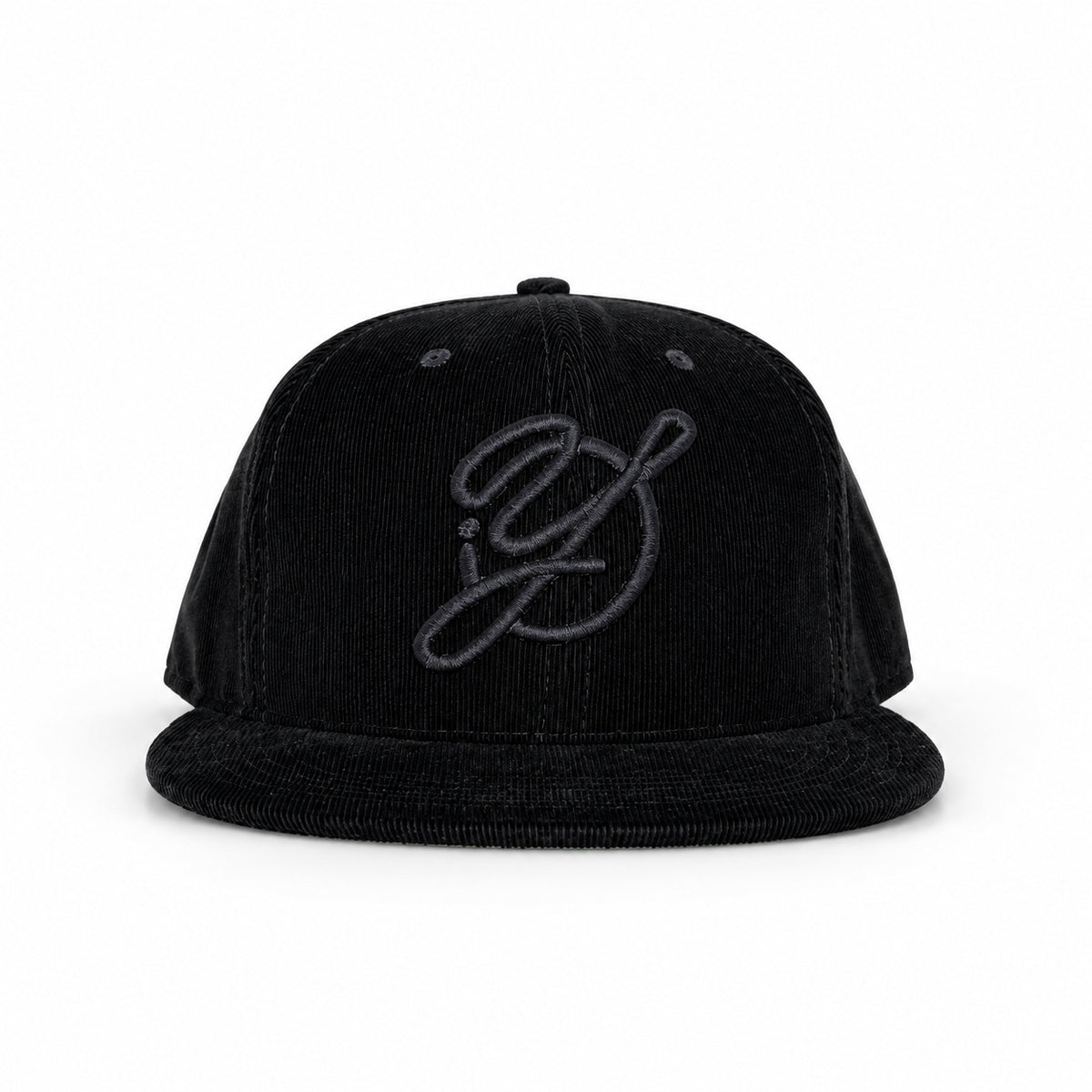 Black-on-black corduroy Yofi fitted hat, front view