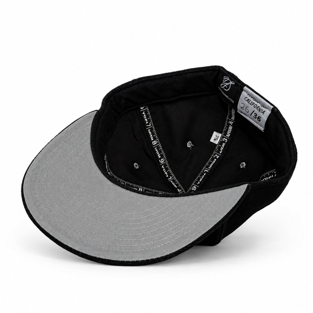 Black-on-black corduroy Yofi fitted hat, interior angle view
