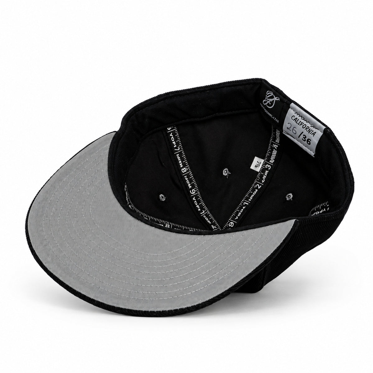 Black-on-black corduroy Yofi fitted hat, interior angle view