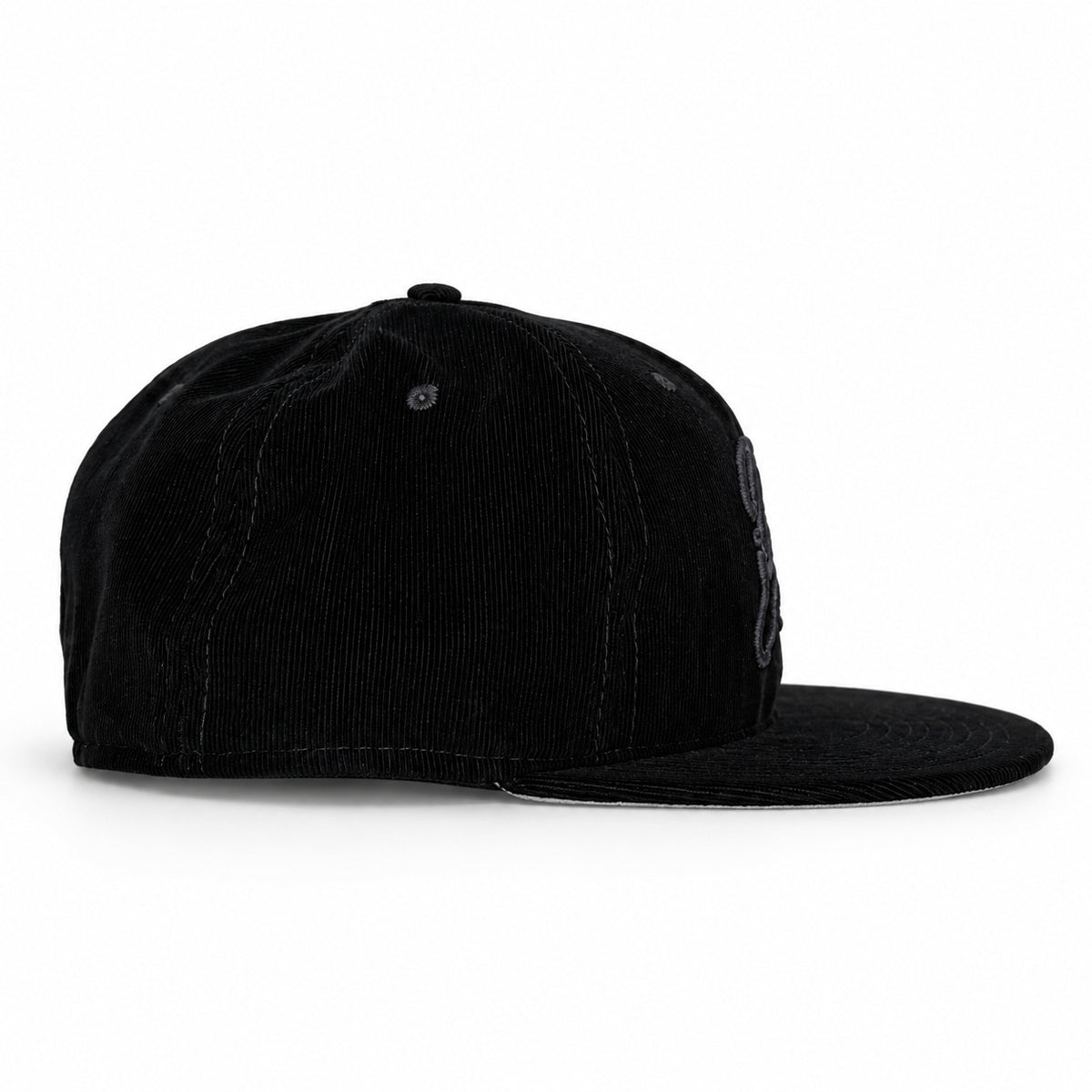 Black-on-black corduroy Yofi fitted hat, side view