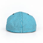 Blue-and-white gingham fitted Yofi hat, back view