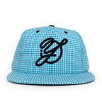 Blue-and-white gingham fitted Yofi hat, front view