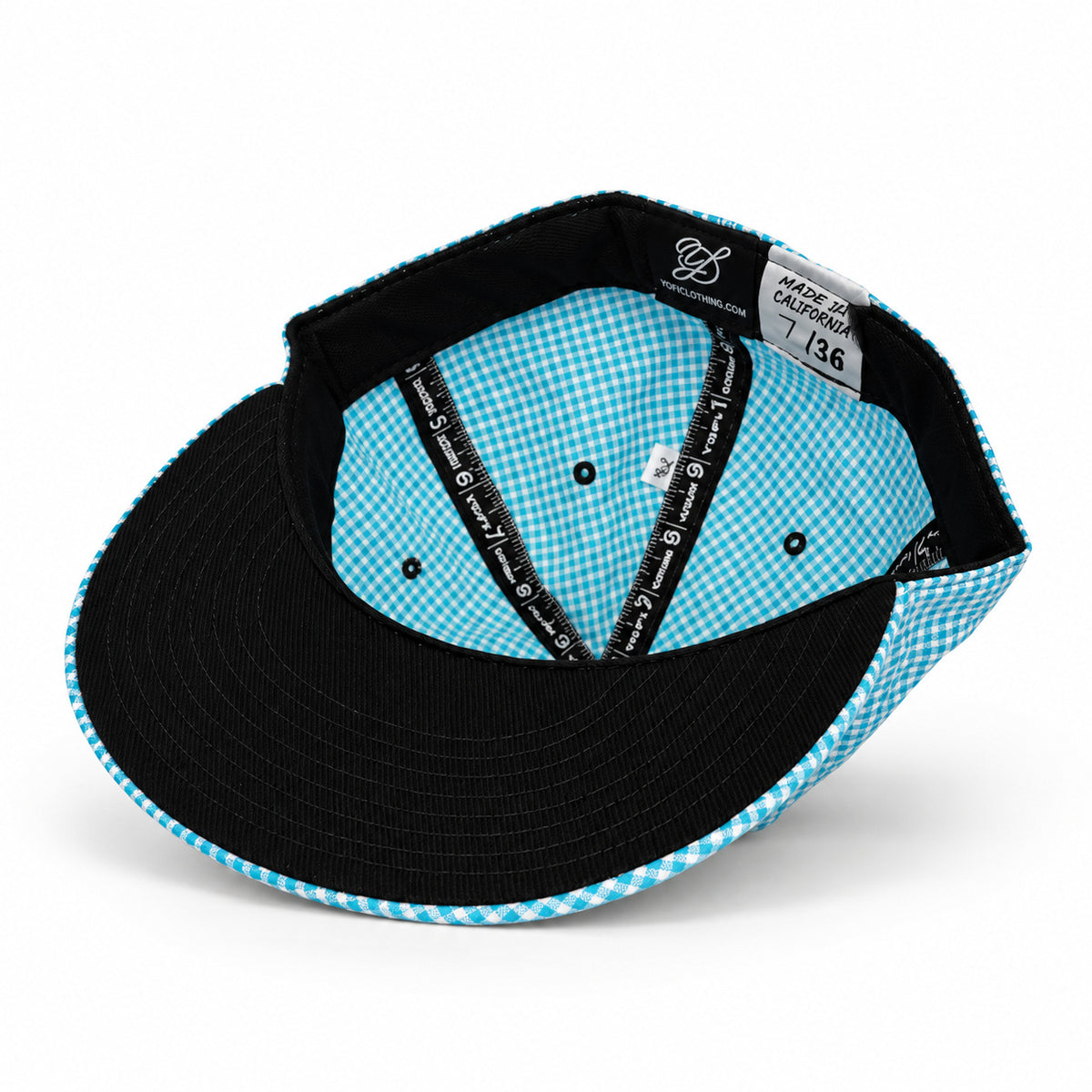 Blue-and-white gingham fitted Yofi hat, interior angle view