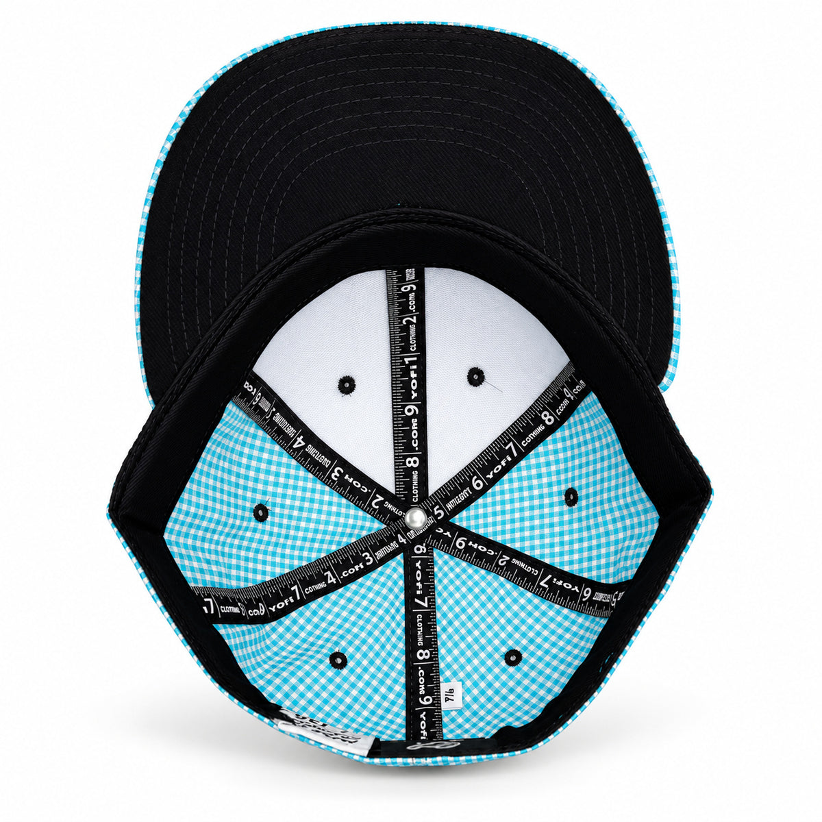 Blue-and-white gingham fitted Yofi hat, interior view