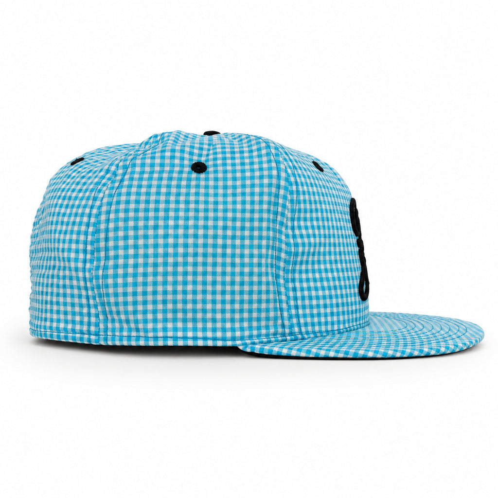 Blue-and-white gingham fitted Yofi hat, side view