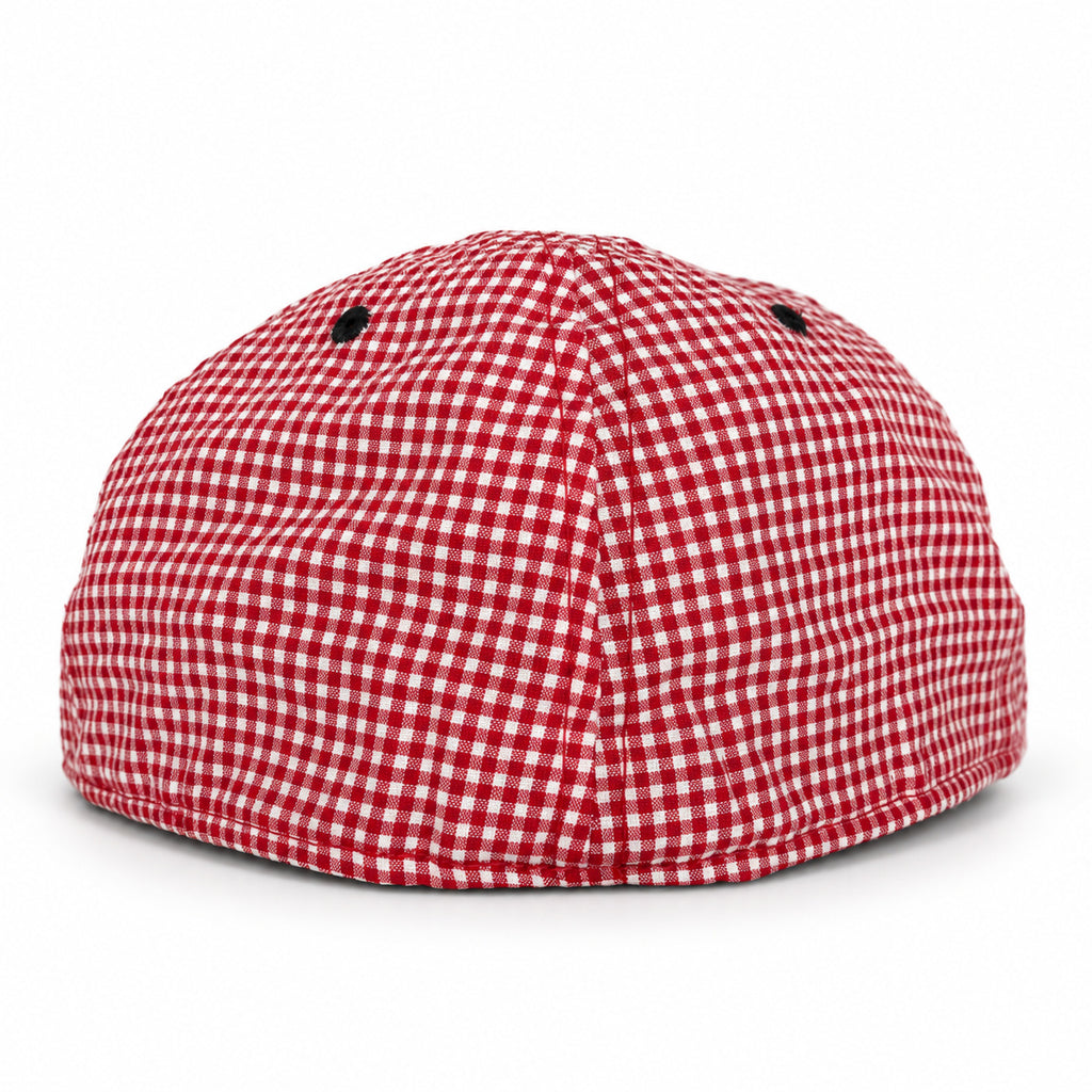 Red-and-white gingham fitted Yofi hat, back view