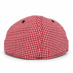 Red-and-white gingham fitted Yofi hat, back view