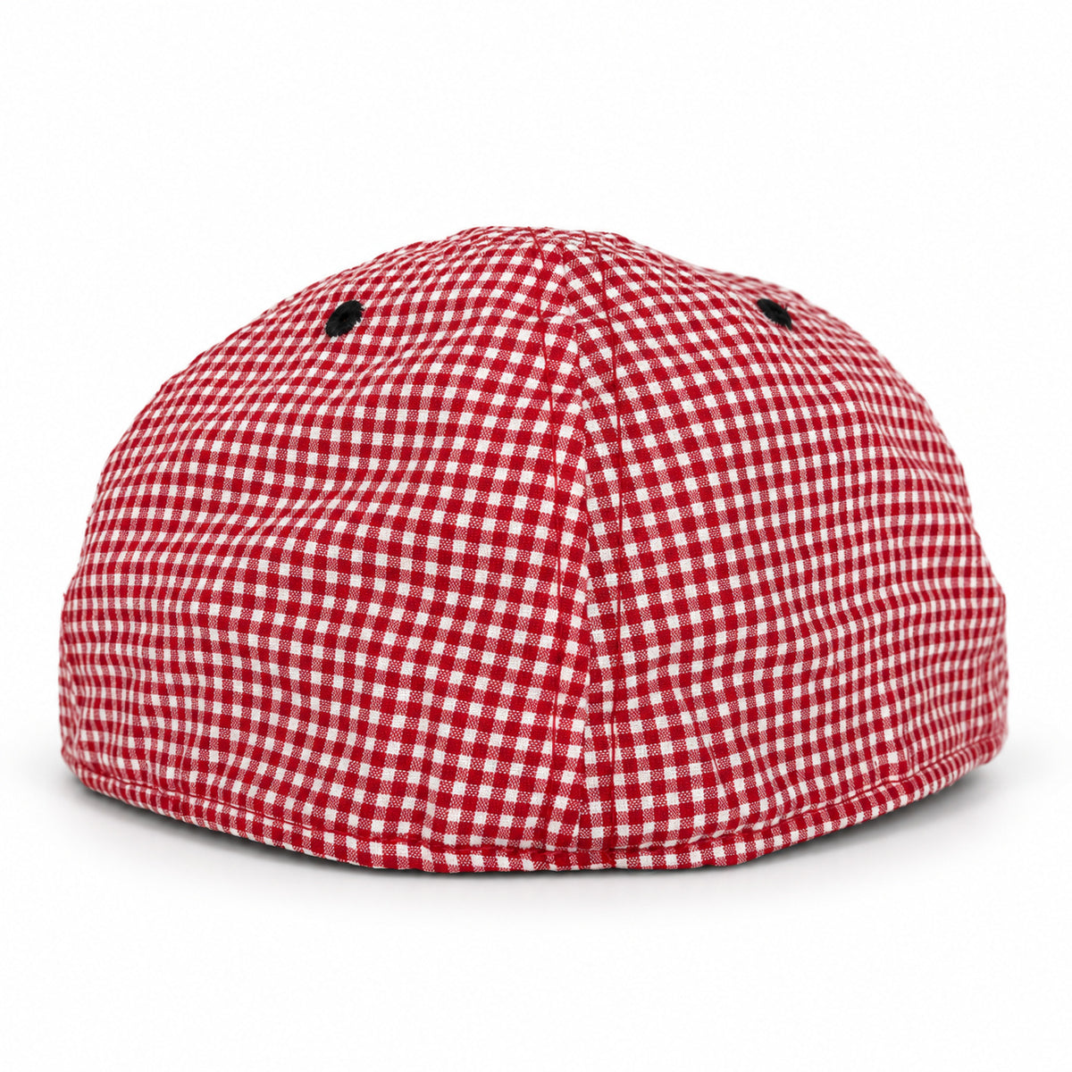 Red-and-white gingham fitted Yofi hat, back view