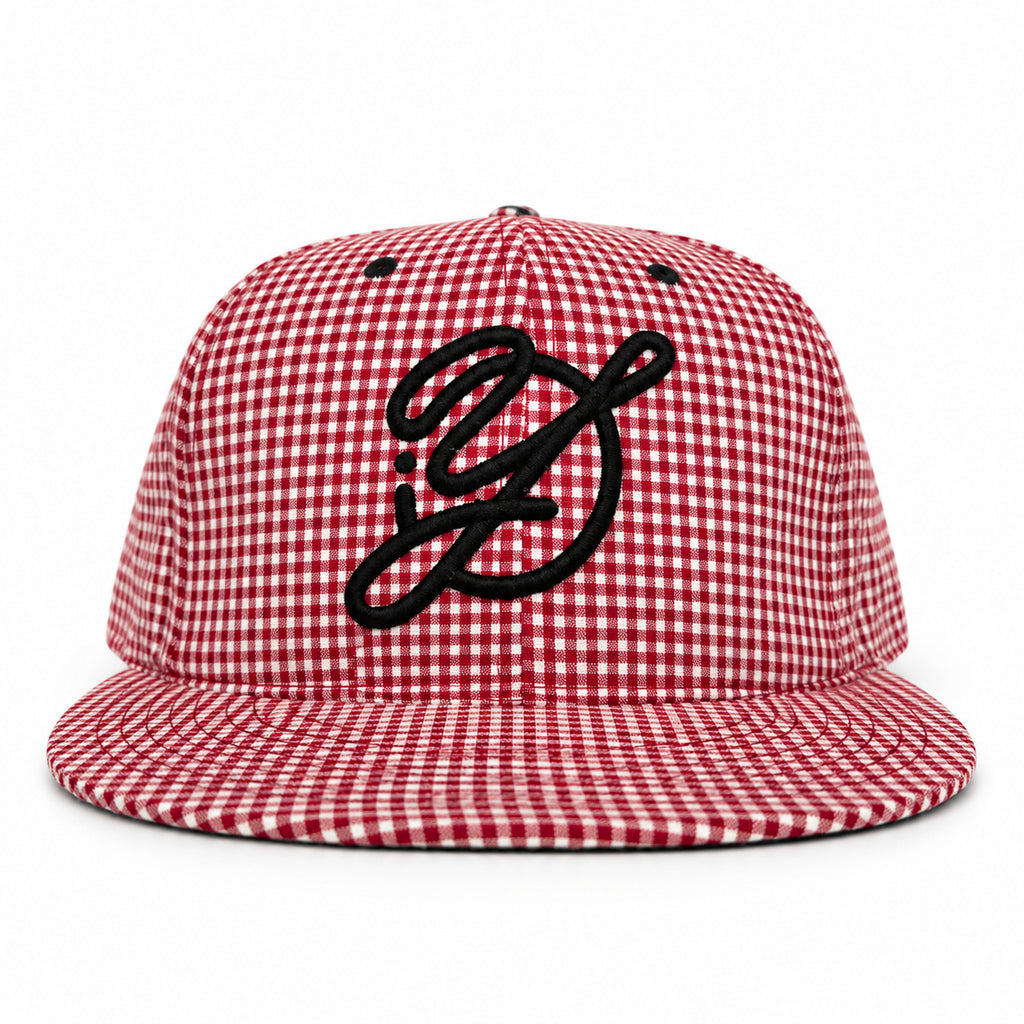 Red-and-white gingham fitted Yofi hat, front view with black embroidered logo