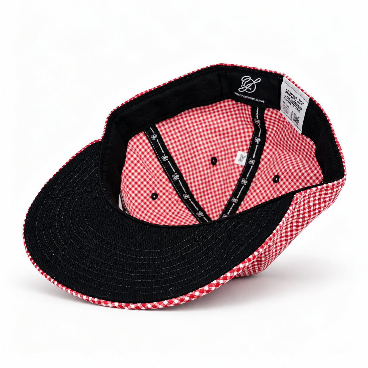 Red-and-white gingham fitted Yofi hat, interior angle view