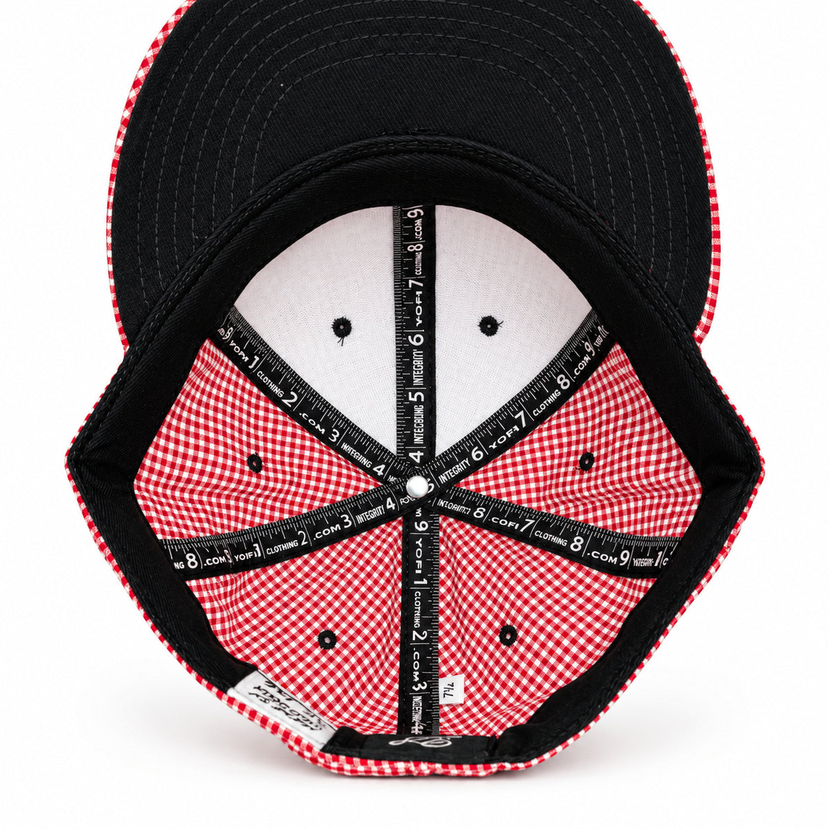 Red-and-white gingham fitted Yofi hat, interior view