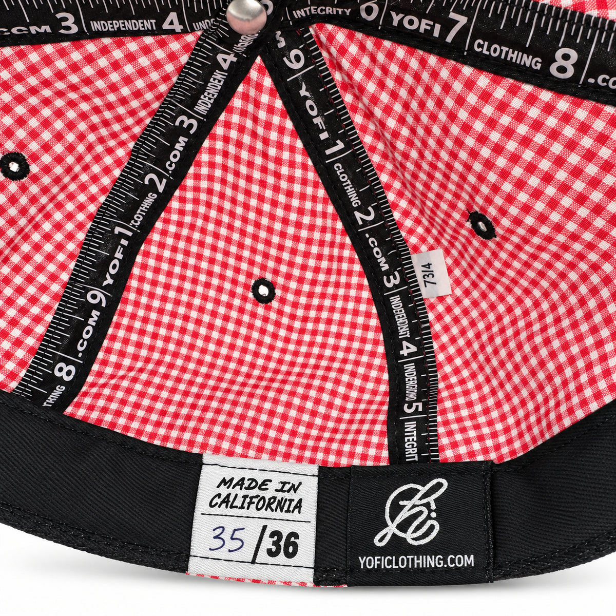 Red-and-white gingham fitted Yofi hat, numbered label view