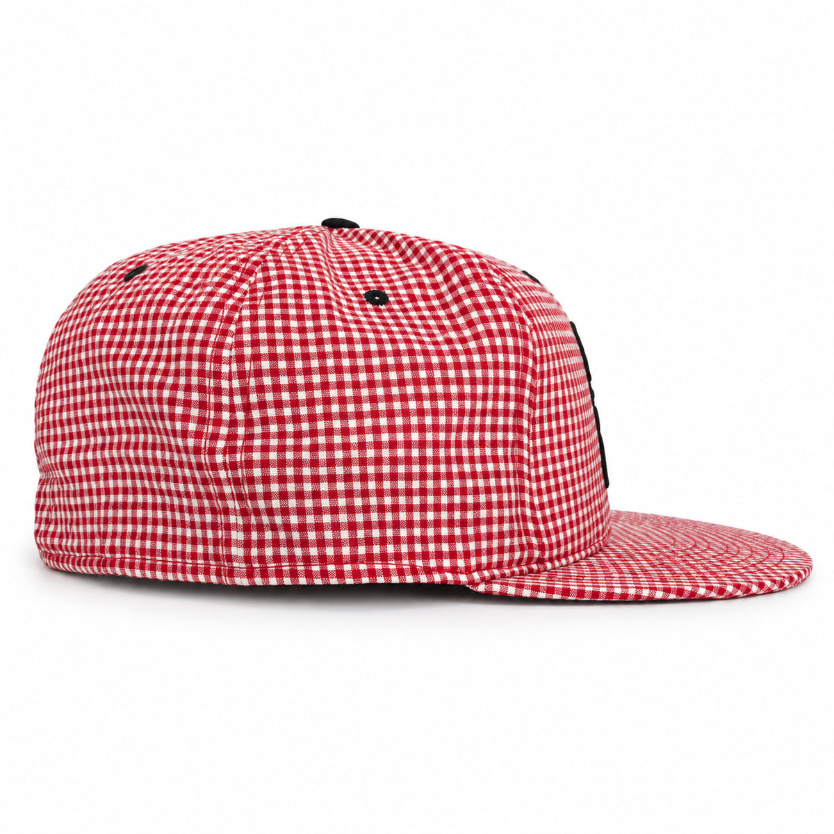 Red-and-white gingham fitted Yofi hat, side view