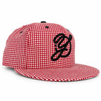 Red-and-white gingham fitted Yofi hat, three quarter view