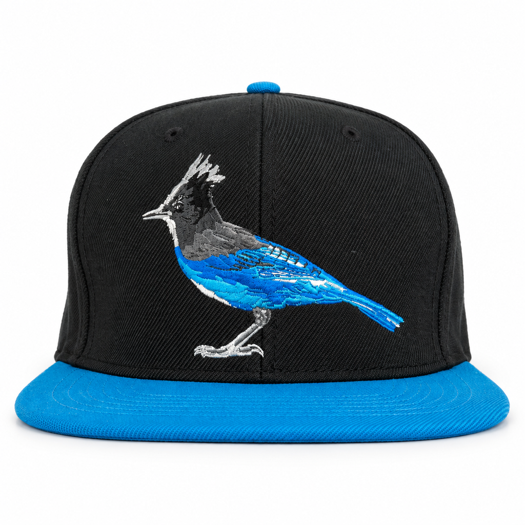 Steller's Jay Snapback — front view on white background